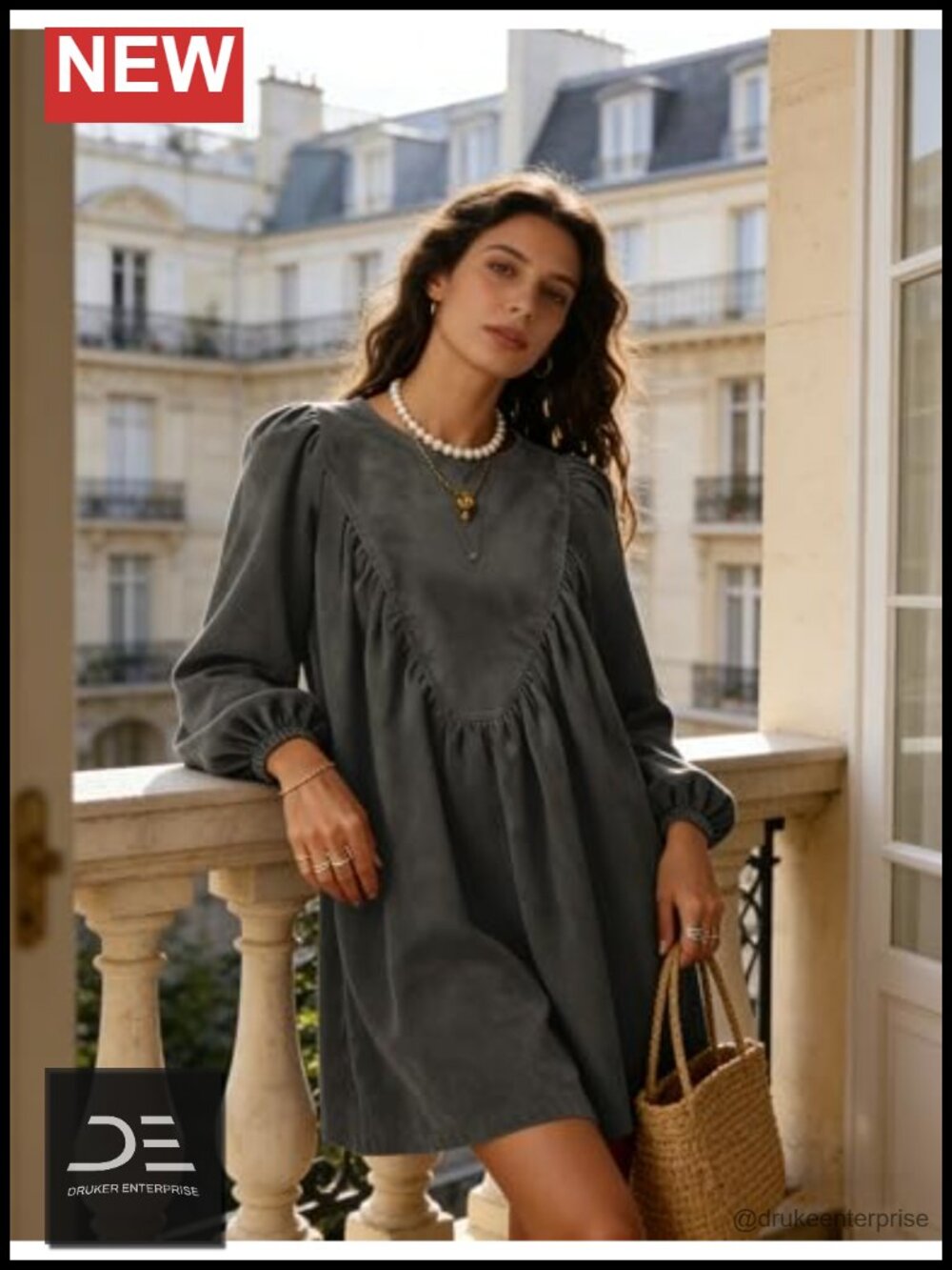 Faux Suede A-Line Peplum Pleated Babydoll Mini Dress Long Sleeve - Picture 2 of 6